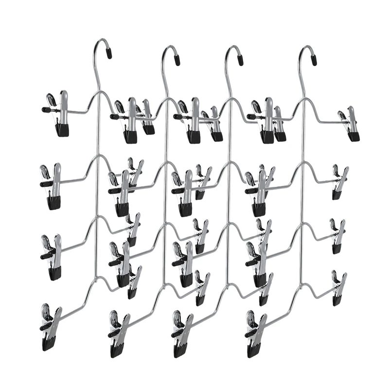 

Pants Hangers,4 Tier Non Slip Skirts Hangers with 8 Clips-Pack Of 4 Space Saving Sturdy Luxurious Chrome Metal Multi Trousers