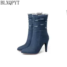 BLXQPYT Plus duży i mały rozmiar 28-50 Denim boot krótki szpiczasty nosek kobiety jesień zimowe na wysokim obcasie buty ślubne kobieta Y72