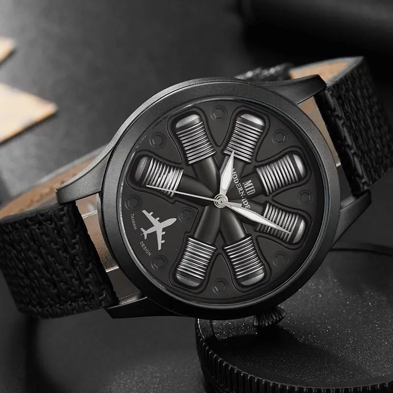 Vente Unique Cool avion moteur forme noir hommes montres Top marque de luxe militaire homme montre bracelet Sport Relogio Masculino