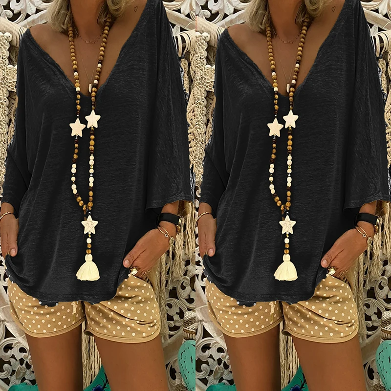 

ZEBERY Long Sleeve V-neck Sexy Solid Casual Cotton T-Shirt Women's Tops Long Sleeve Trumpet Sleeve High Quality Clothes