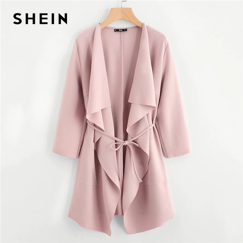 Skup SHEIN kołnierz w stylu wodospadu podwójna kieszeń z przodu Wrap kurtka jesienny z paskiem kobiet jednolity kolor, długi rękaw wiosna na co dzień płaszcz odzieży wierzchniej