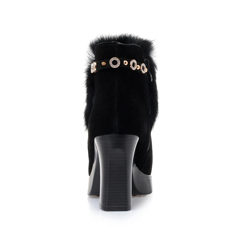 AIYUQI Для женщин ботильоны черного цвета; обувь на платформе и толстом каблуке натуральная кожа женские ботильоны на высоком каблуке модные стразы Женские зимние ботинки