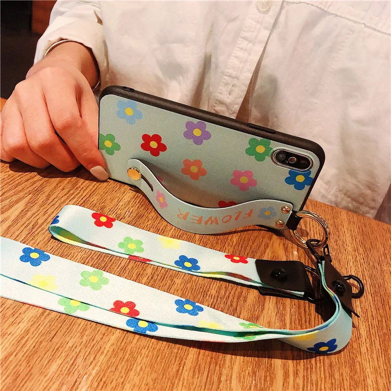 

Case For iPhone 7 8 9 X XS XR xs max Wristband with sling mobile phone bags for iPhone 6 7p 8plus 6sp soft tpu flower shell