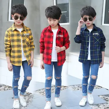 

Korean Long Sleeve Teen Boys Shirts Yellow Red Green Plaid Top For Children Kids Teenage Clothes School Shirt For Boys 5-14Years