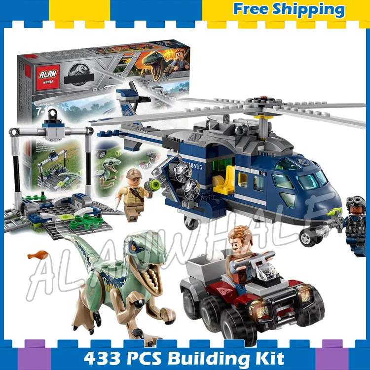 

433Pcs Jurassic World Blue's Helicopter Pursuit Bike Velociraptor Model Building Blocks Dinosaur Gifts sets Compatible With Lego