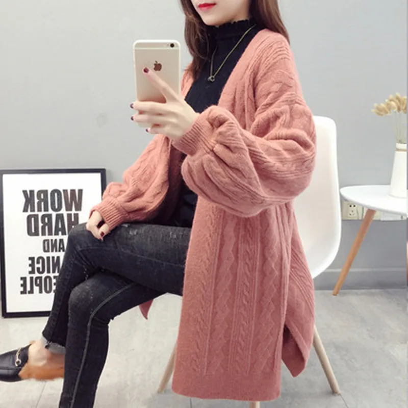 Women's Knit Cardigan Fashion Loose Korean Sweater Autumn  Winter Twist Sweater Jacket 2019 New Lantern Sleeve Knit Cardigan (4)
