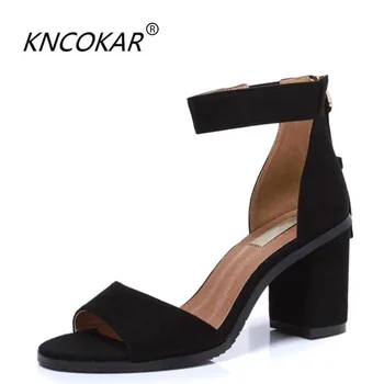 

KNCOKAR 2018 Summer new style female fashion a word buckle tassel comfortable thick heel 5 cm 7 cm high heel sandal