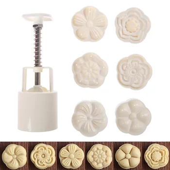 

50g 3D Flower Moon Cake Mould 1 Barrel + 6 Stamps Set DIY Round Mooncake Mold Baking Decor Tool Bakeware Accessories