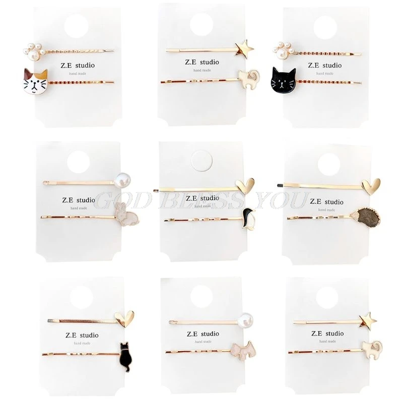 

2Pcs Japanese Sweet Girls Side Bangs Bobby Pins Cute Cartoon Meow Cat Animal Imitation Pearl Hair Clip Student One Word Barrette