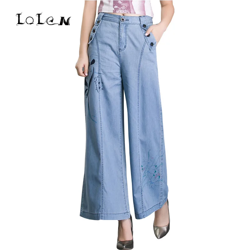 New Plus Size Loose Printed Wide Leg Jeans Fashion Thin Section Trousers Pants for Women