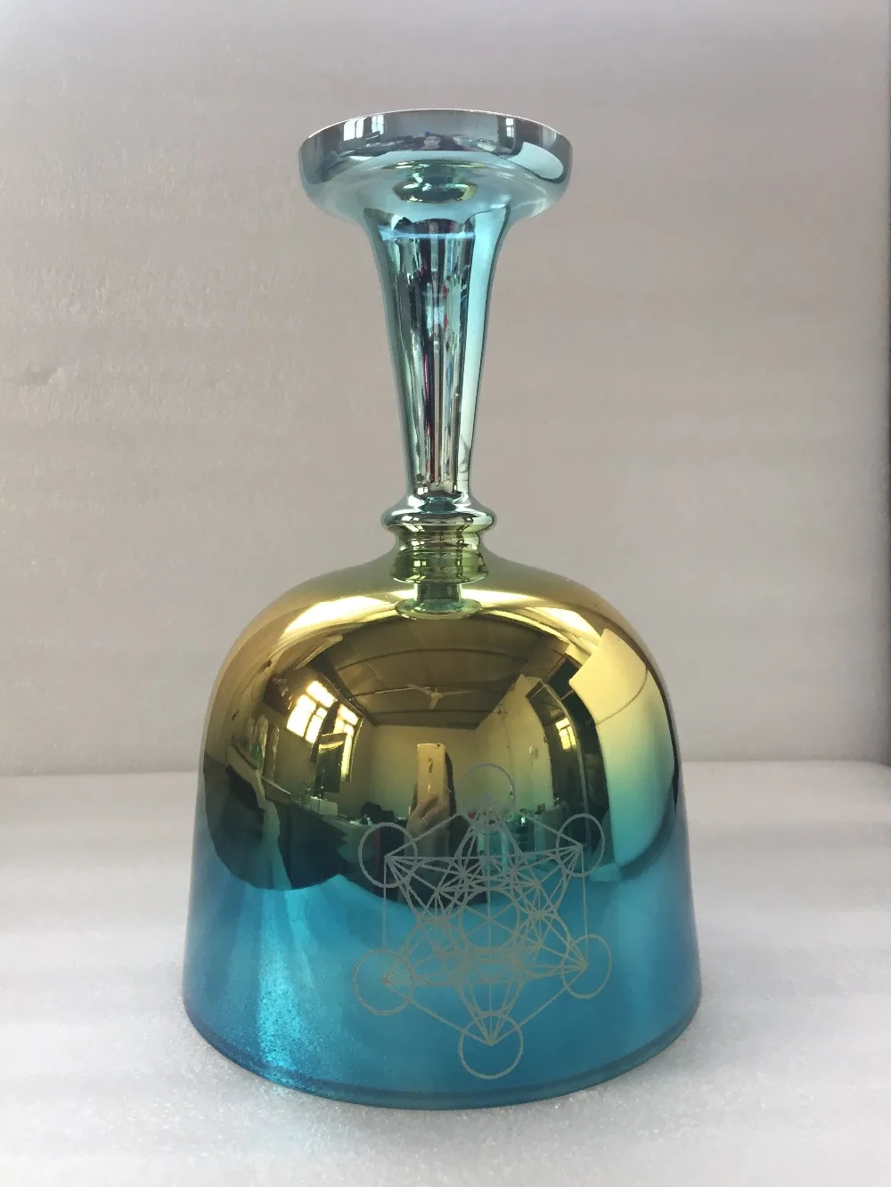 

3th Octave mixed color Crystal Singing Chalice, perfect Musical Note "A", third eye chakra with design "Metatron cube".