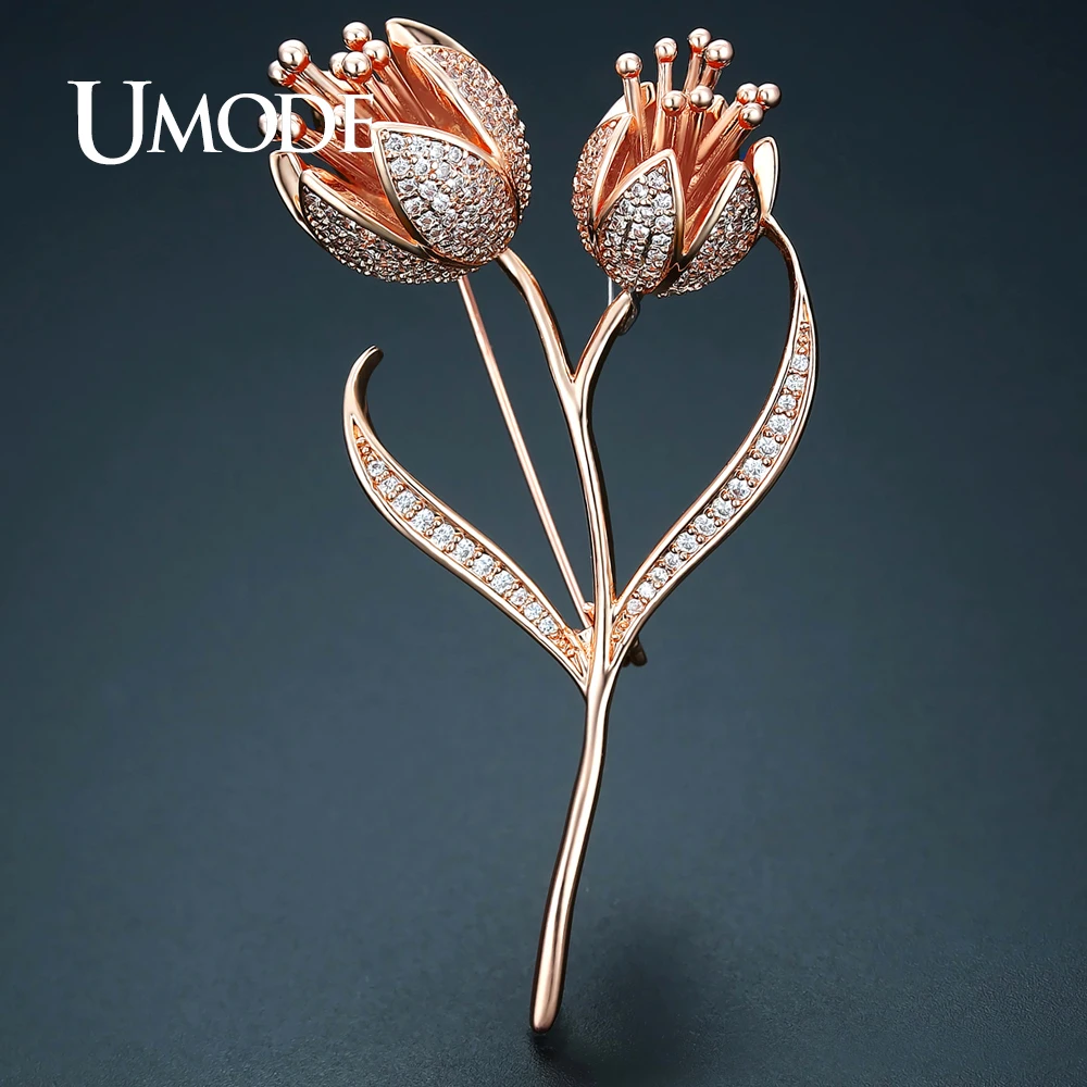 

UMODE Trendy Large Luxury Cubic Zirconia Tulip Charm Flower Brooches for Women Rose Gold Color Clothes Pins Cadeau Noel AUX0015A