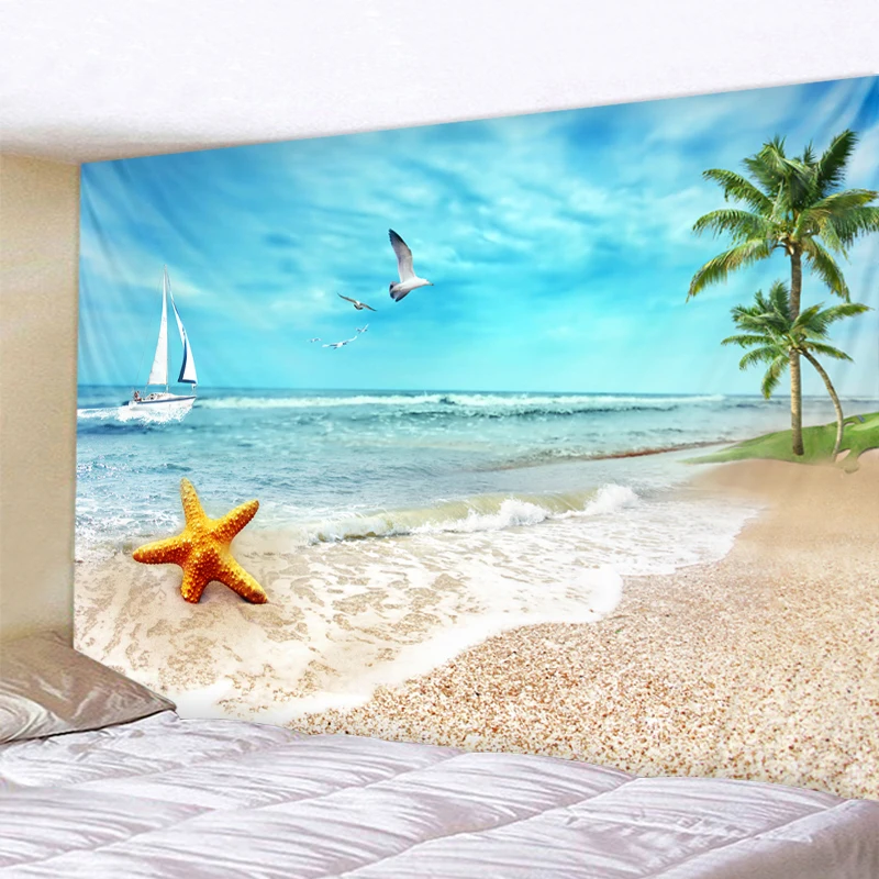 

Ocean Starfish Landscape Tapestry Boho Mandala Wall Hanging Royal Blue 3D Hippie Wall Tapestry Home Decor Mint Yoga Mat