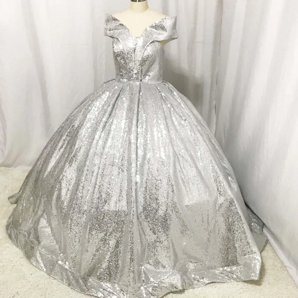 Vintage Robe De Mariee Silver Bling Bling Scalloped Pleated Ball