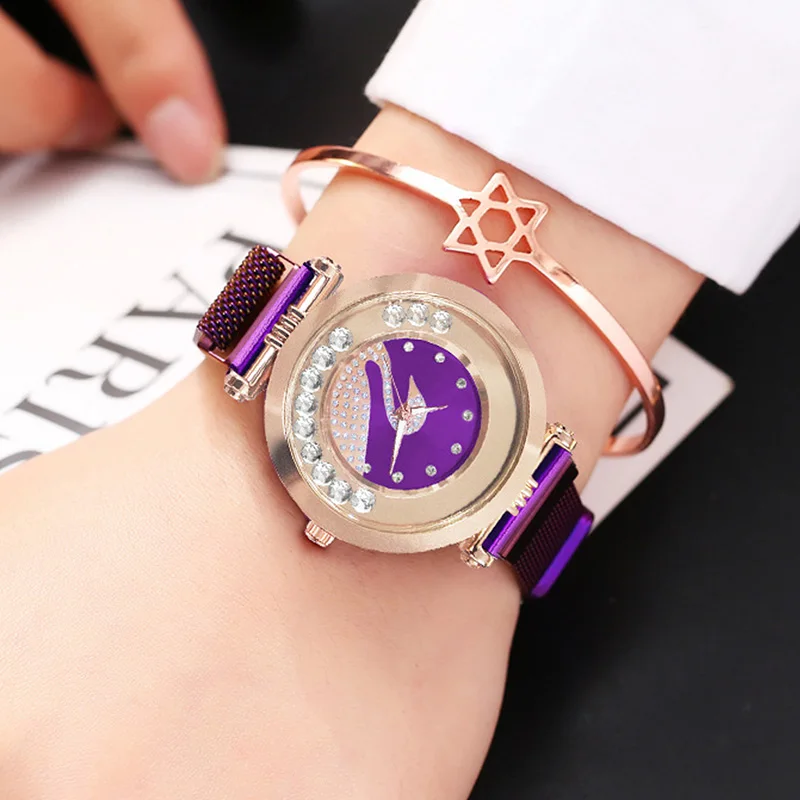 

Women Magnetic Quartz Wristwatches Purple Watch For Women Mobile Rhinestone Clock Luxury Diamond Female Watch zegarek damski New