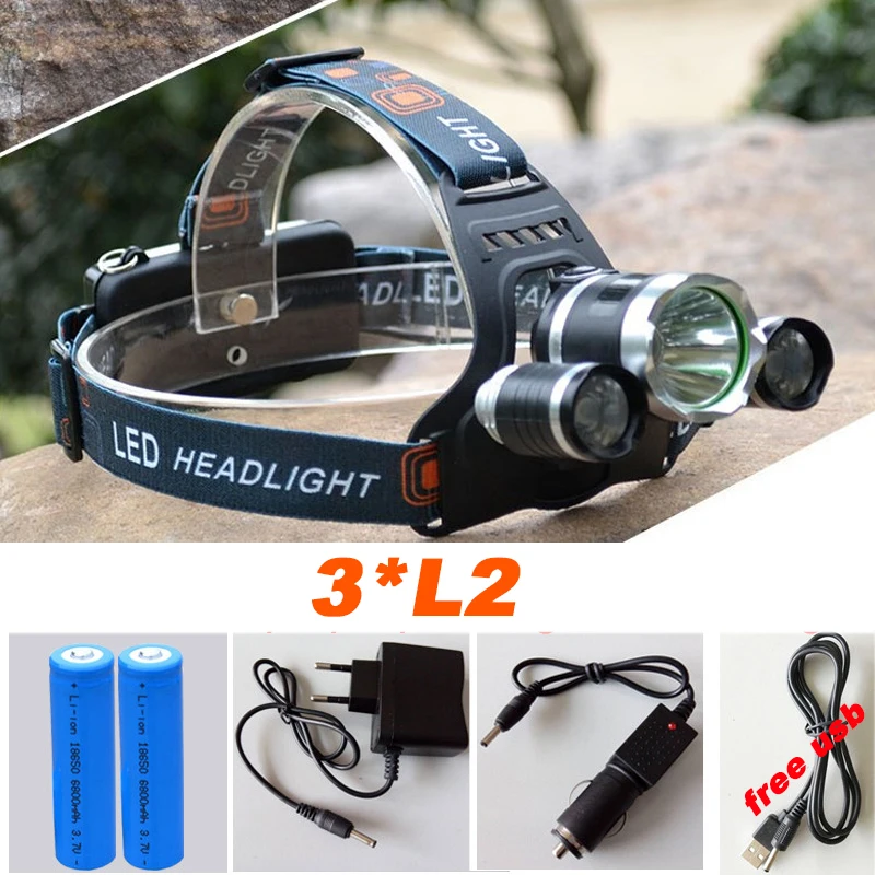 

Led Headlamp Headlight 9000 Lumens Linterna Frontal 3x L2 Hiking Flashlight Head Torch Light with Charger