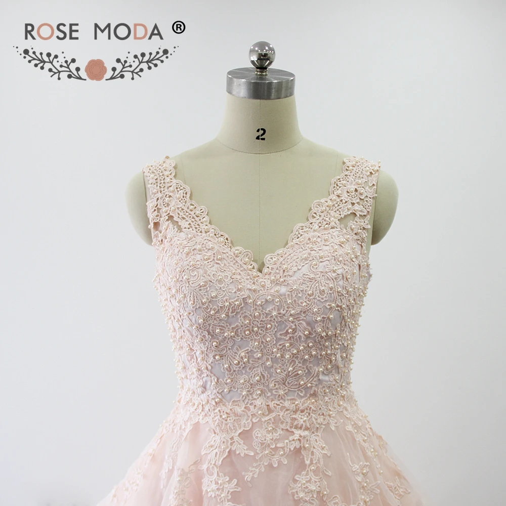 Роза Moda высокое качество румяна розовый персик Свадебные платья V шеи Кружева бальное платье, vestidos de Noiva