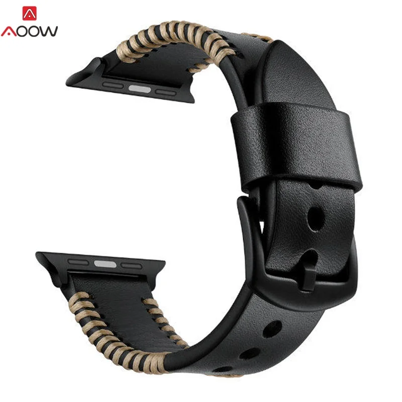 AOOW Натуральная кожа ремешок для наручных часов Apple Watch, версии 1 2 3 коричневый Швейные Для мужчин Для женщин запасной браслет ремешок Ремешок для iwatch 38 мм 42 мм - Цвет ремешка: Черный