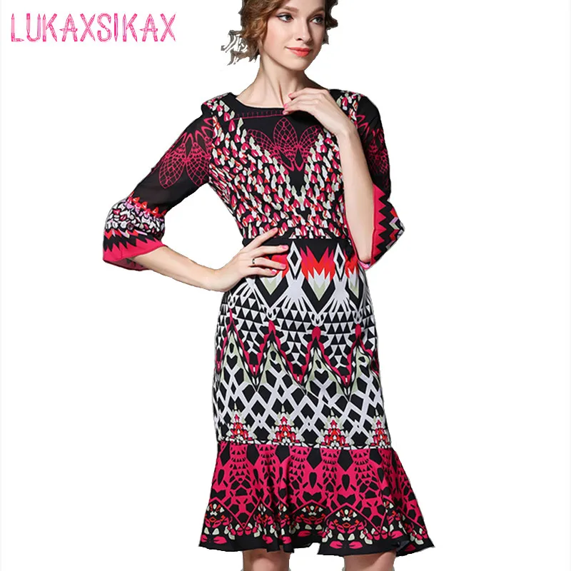 Wholesale LUKAXSIKAX Fashion 2017 New Women Spring Summer Dress Retro Print Runway Mermaid Dress Elegant Chiffon Midi Party Dresses Buy Cheap LUKAXSIKAX Fashion 2017 New Women Spring Summer Dress Retro Print Runway Mermaid Dress Elegant Chiffon Midi Party Dresses