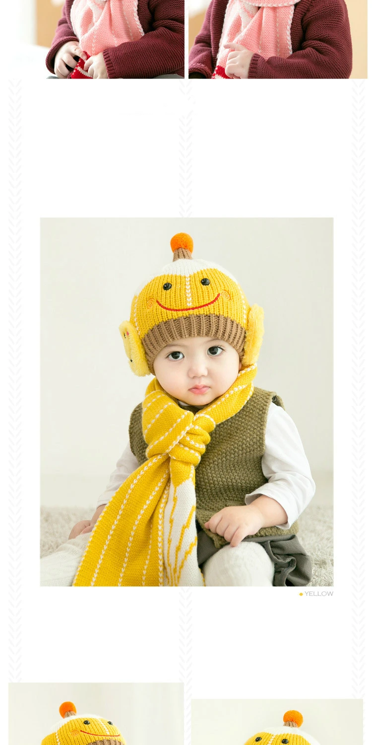 1-3Years детская осенне-зимняя теплая детская Вязание шерстяная шапка, защищающая уши комплект шапки и шарфа, симпатичная детская одежда со смайликами 2 предмета головная повязка, комплект