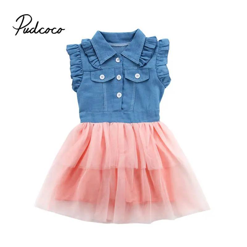 

new baby girls children clothes cotton solid color Button Decor Denim Blue Mesh ruffle dress summer floral patchwork 2-7Y