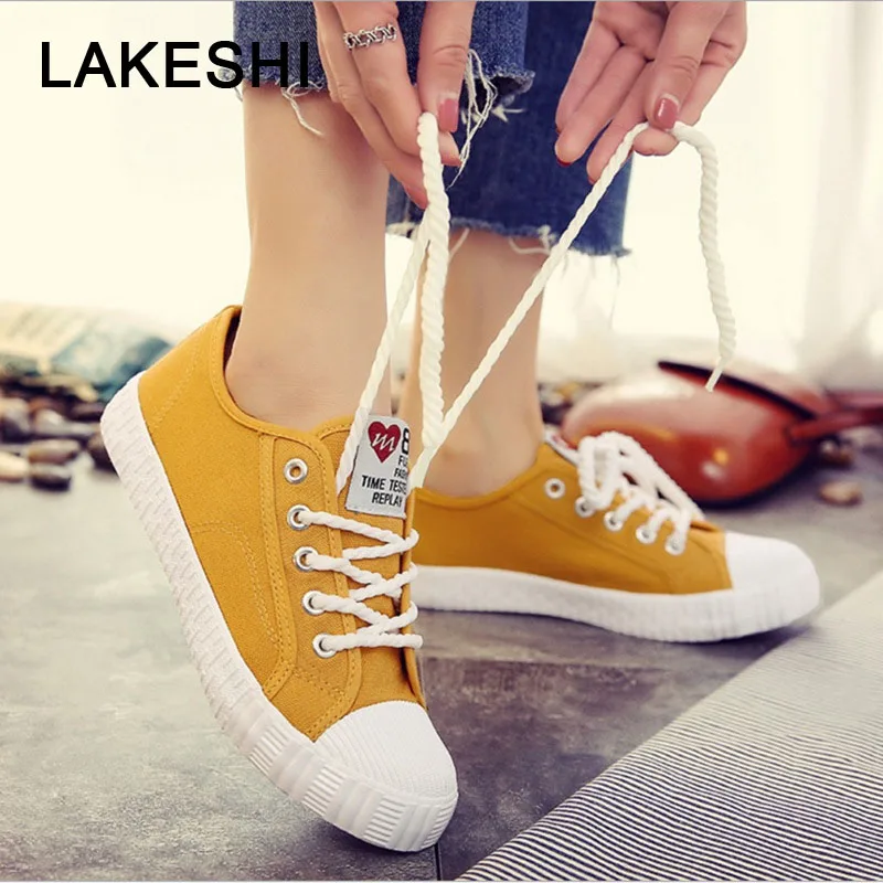 

LAKESHI Fashion Lace Up Women Canvas Shoes Solid Casual Women Shoes Sewing Wild Female Shoes Women Flats 2019 Summer Flat Shoes