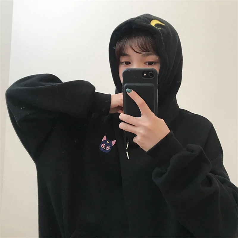 

Moon Cat Embroidered Hoodies Women Korean Kawaii Long Sleeve Loose Sweatshirt New Sweet Cute Stuff Hooded Pullovers Pink Black