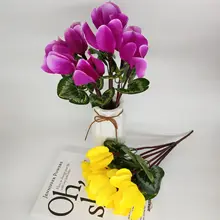 7 бутоны искусственных цветов цикламен шелк пластик цветы с зелеными листьями поддельные завод небольшой лампы свадебные дома Настольный праздничный Декор