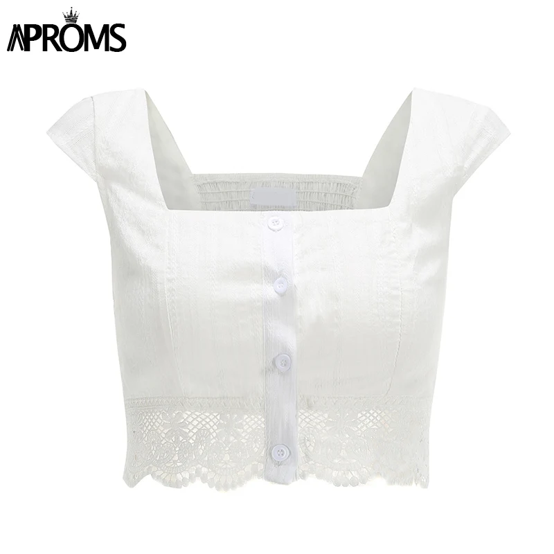 Aproms, винтажные кружевные укороченные топы с квадратным вырезом, женские сексуальные эластичные белые топы с пуговицами, крутые футболки для девушек - Цвет: Белый