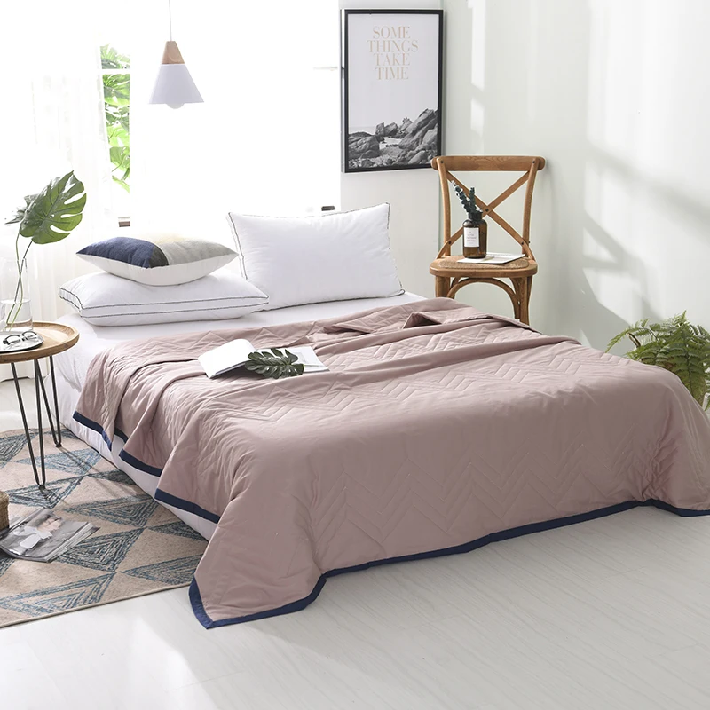 Light Red Quilted Blue Edging Solid Color 100 Cotton Bedspread Summer