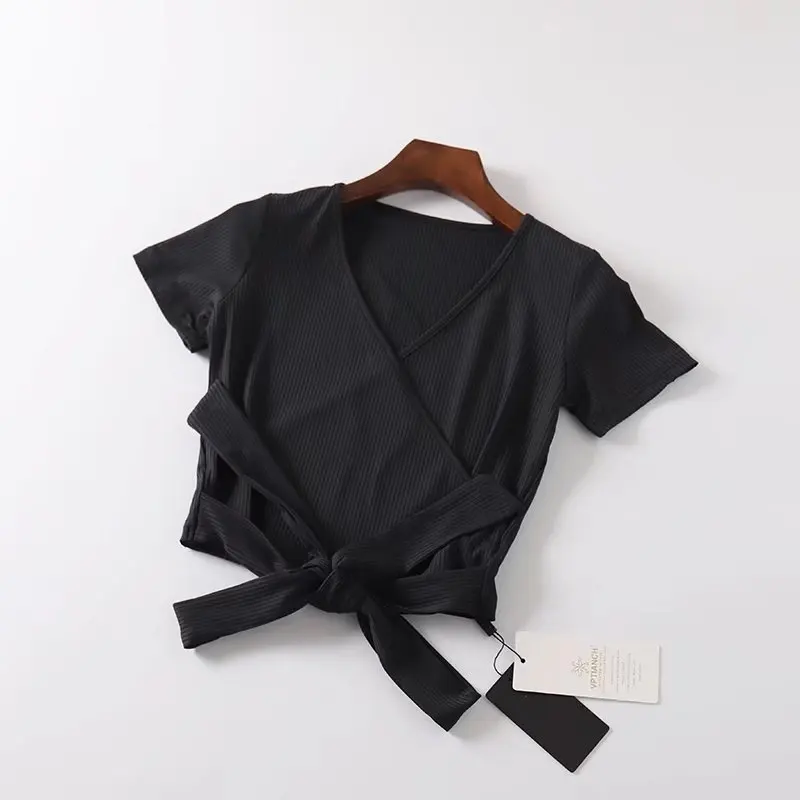 Sexy V-neck Bow High Waist Short Navel Women's Summer Laced G-string T Shirt 2018