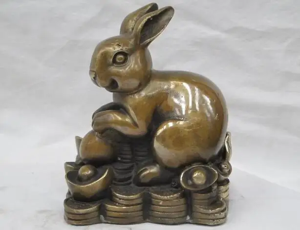 

S06575 6.5"China Feng shui luckly Bronze Geomantic money Chinese zodiac rabbit Statue discount 30% (C0324)