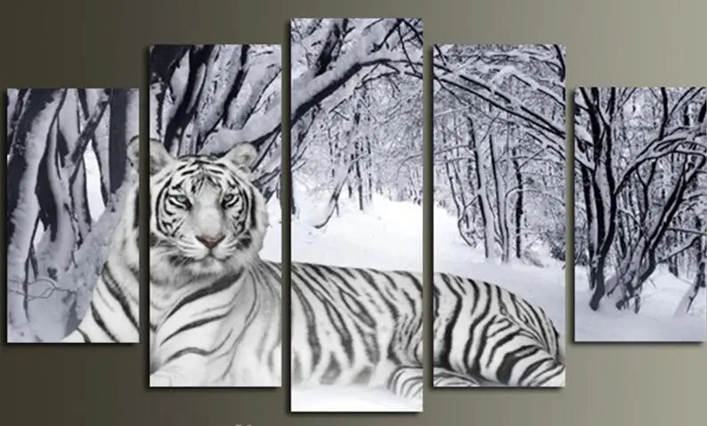 Toile D Imprimes Muraux Peinture Artistique Tigre Blanc En Foret De Neige Peinture Moderne Images D Animaux Imprimes Sur Toile 5 Pieces Aliexpress