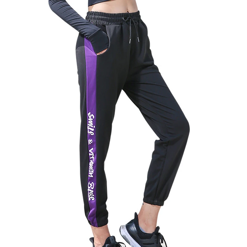 

Women Loose Large Size Pocket Yoga Trousers Nylon Striped Letters Print Comfortable Breathable Outdoor Sports Running Pants