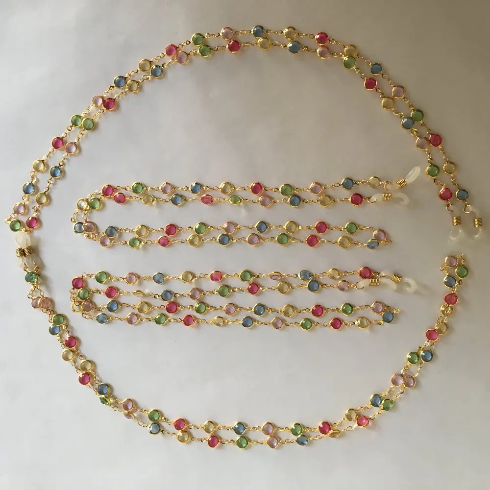 

lightweight gold or silver electro-plated eyeglass brass chain spectacle retainer patched with flat acrylic beads glass string