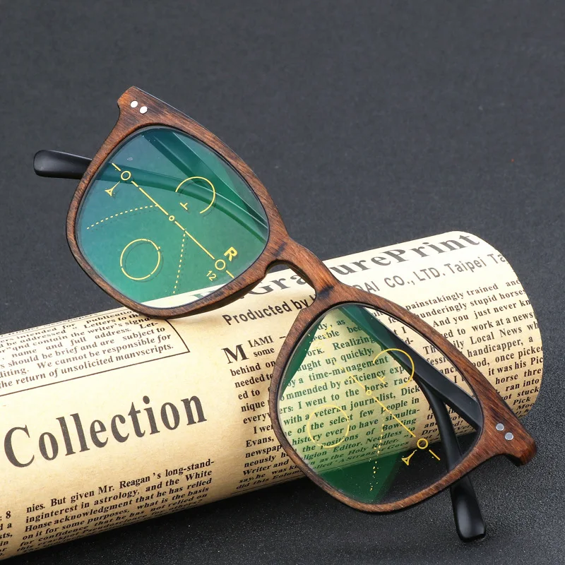 Men Reading Eyeglasses Progressive Glasses Wood Grain Male Multifocal Eye Glasses For Far And