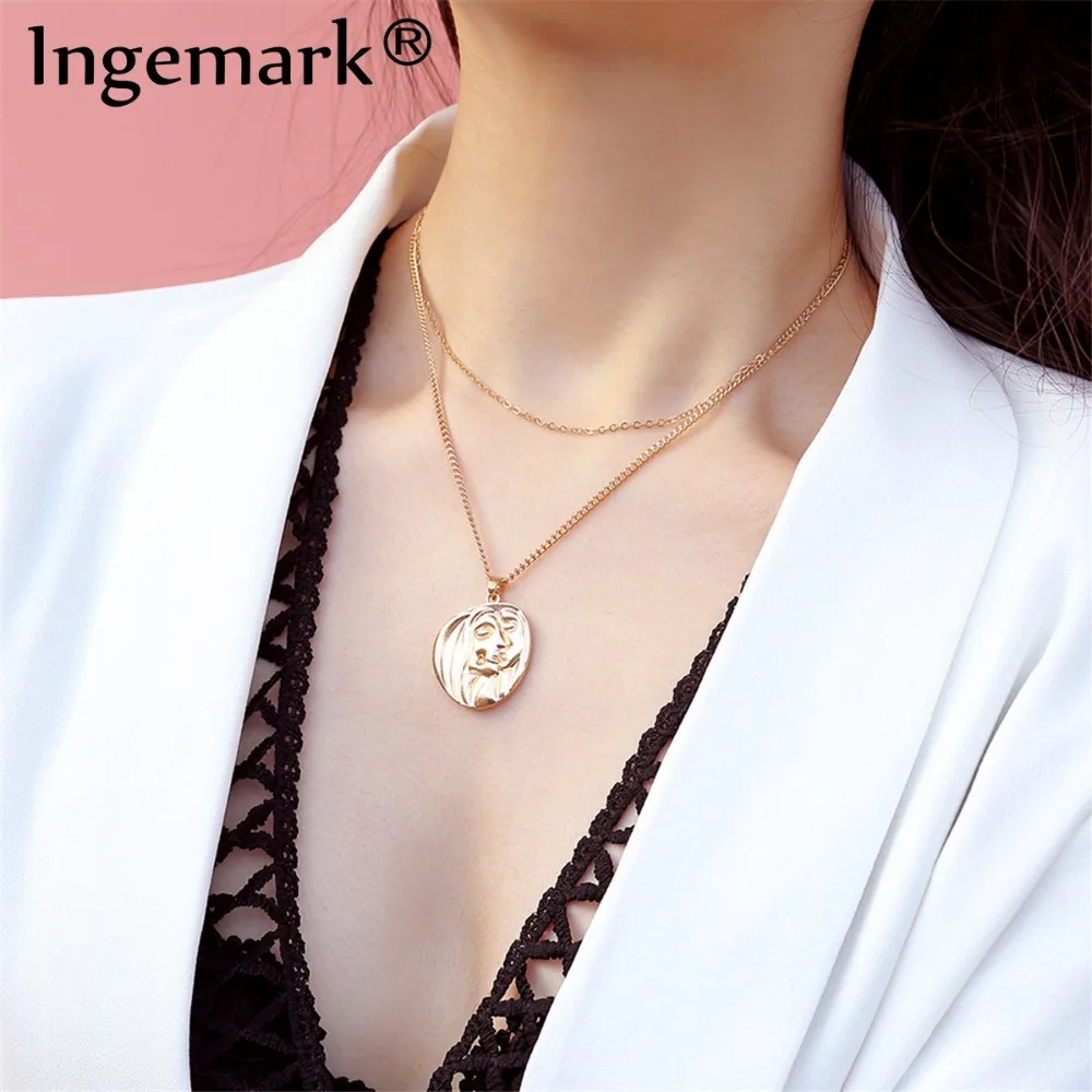 

Ingemark Personalized Face Pendant Choker Necklace 2018 Vintage Geometric Carved Coin Grimace Chain Necklace Women Punk Jewelry