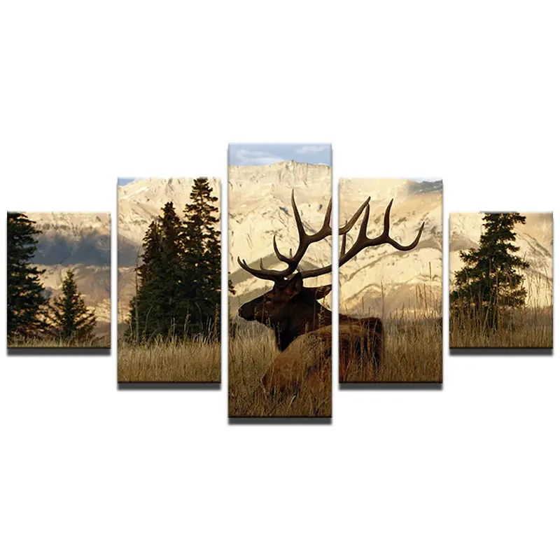 Framework Wall Art Home Decoration Modern 5 Panel Deer Landscape Living Room Canvas HD Print Modular Painting Pictures Poster