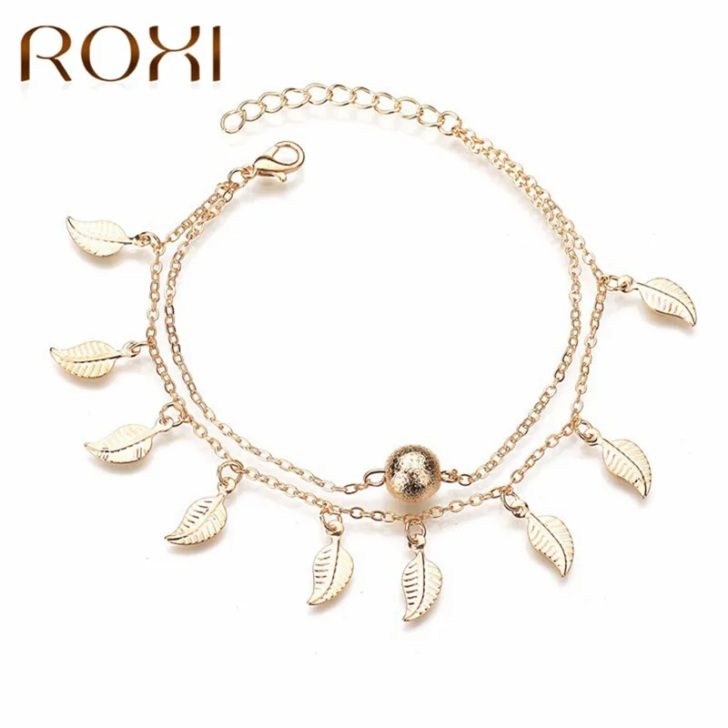 

Romad Summer Beach 2 Color Double Leaves Pendant Anklet Foot Chain Bohemian Beads Anklets for Women Boho Jewelry