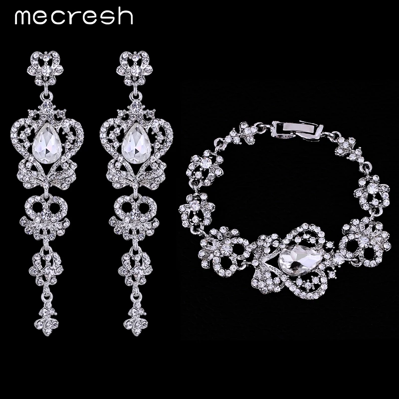 Mecresh Butterfly Crystal Earrings Bracelets Bridal Jewelry Sets Silver Plated Wedding Jewelry EH163+SL026