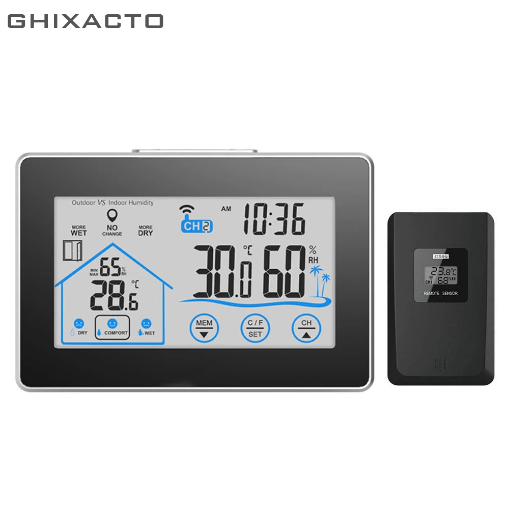 

GHIXACT Wireless LCD Digital Weather Station Thermometer Sensor Indoor/Outdoor Temperature Humidity Meter Hygrometer Touch Clock