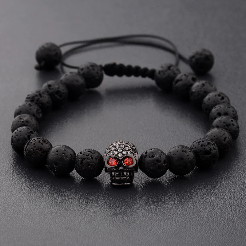 

Charms 8mm Skeleton Artificial Lava Stone BraceletsCZ Zircon Pave Bead Rope Braided Men Healing Balance Energy Lucky Bracelet