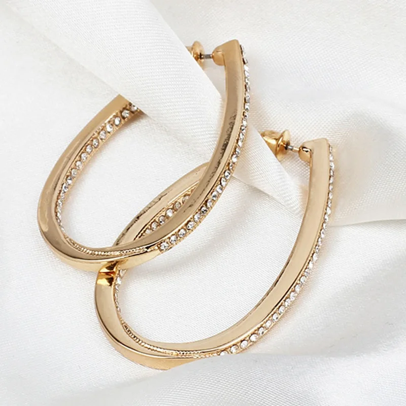 Fashion Oval Hoop Earrings For Women Rose Gold Color Rhinestones