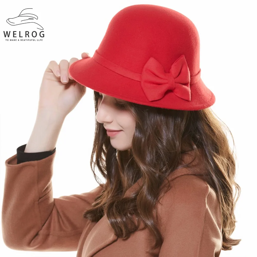 

WELROG Autumn Winter Hats Vintage Women Ladies Wool Fedora Hat Bucket Dome Bell Bow Felt Hats Wide Brim Cap Hats for Women's