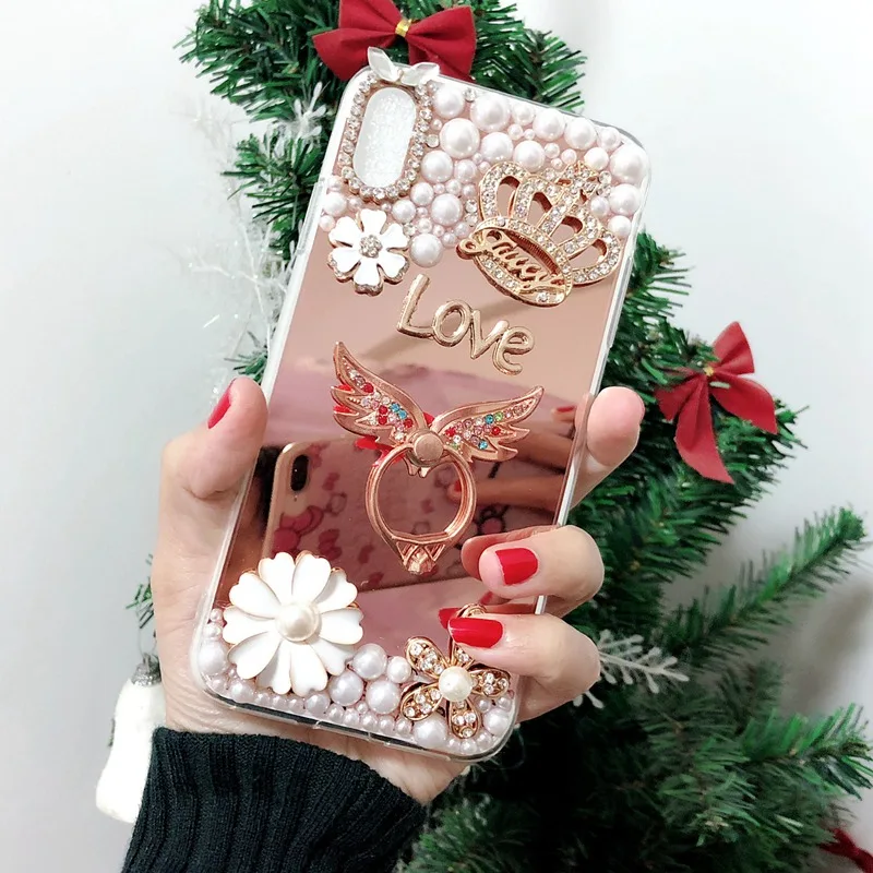

Luxury Mirror Case for Samsung Galaxy A6 A8 Plus A7 2018 A750 Note 9 8 J6 J8 S7 S8 S9 Plus Pearl Crown Cover With Finger Ring