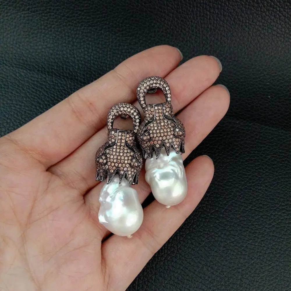 

White keshi Pearl Gunmetal Brown Cz Pave Stud Earrings