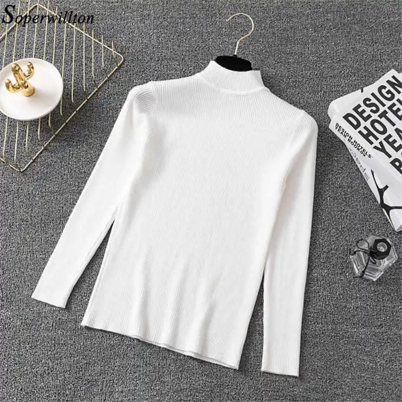 Осенне-зимний свитер с высоким воротом, Женский однотонный вязаный пуловер с длинным рукавом, женские топы, Эластичные Обтягивающие черные белые C73 - Цвет: white