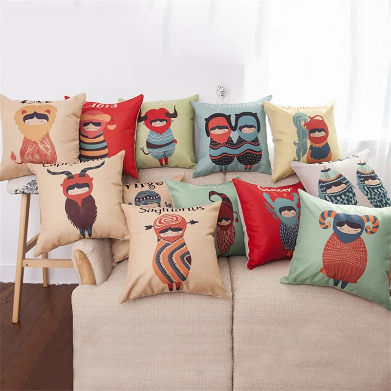 45*45cm Zodiac Signs Pillow Cover Cotton&Linen Cushion Office Nap Throw