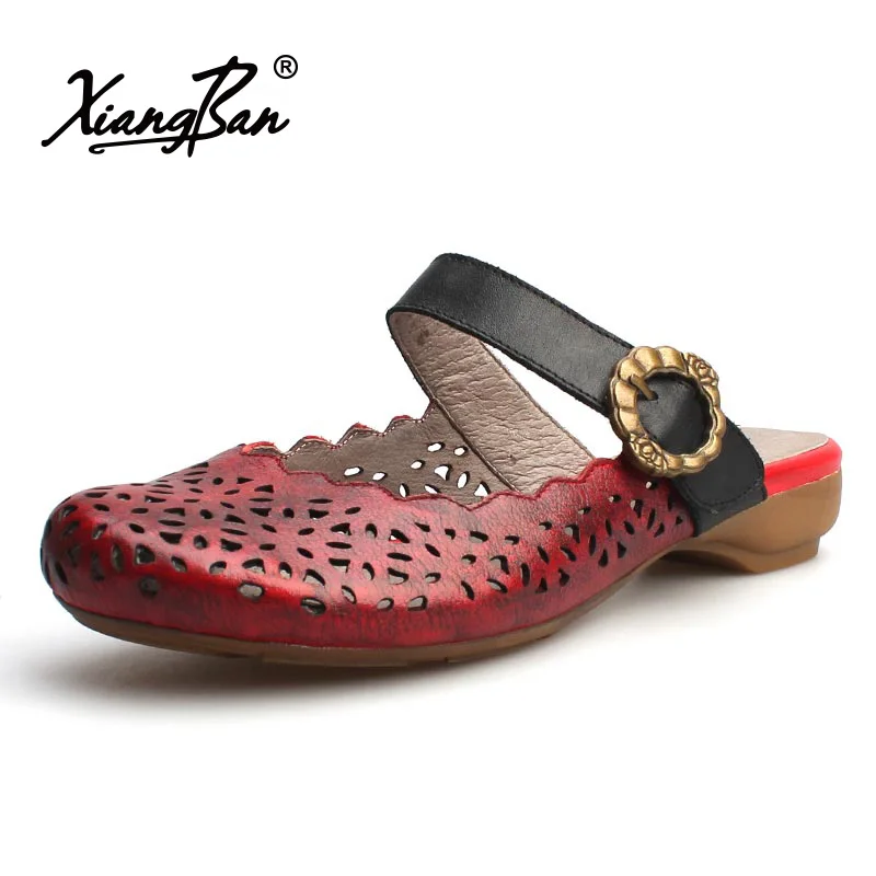 

Xiangban Belt Buckle Women Low Heels Sandals Baotou Casual Slip On Hollow Slippers Shoes For Ladies