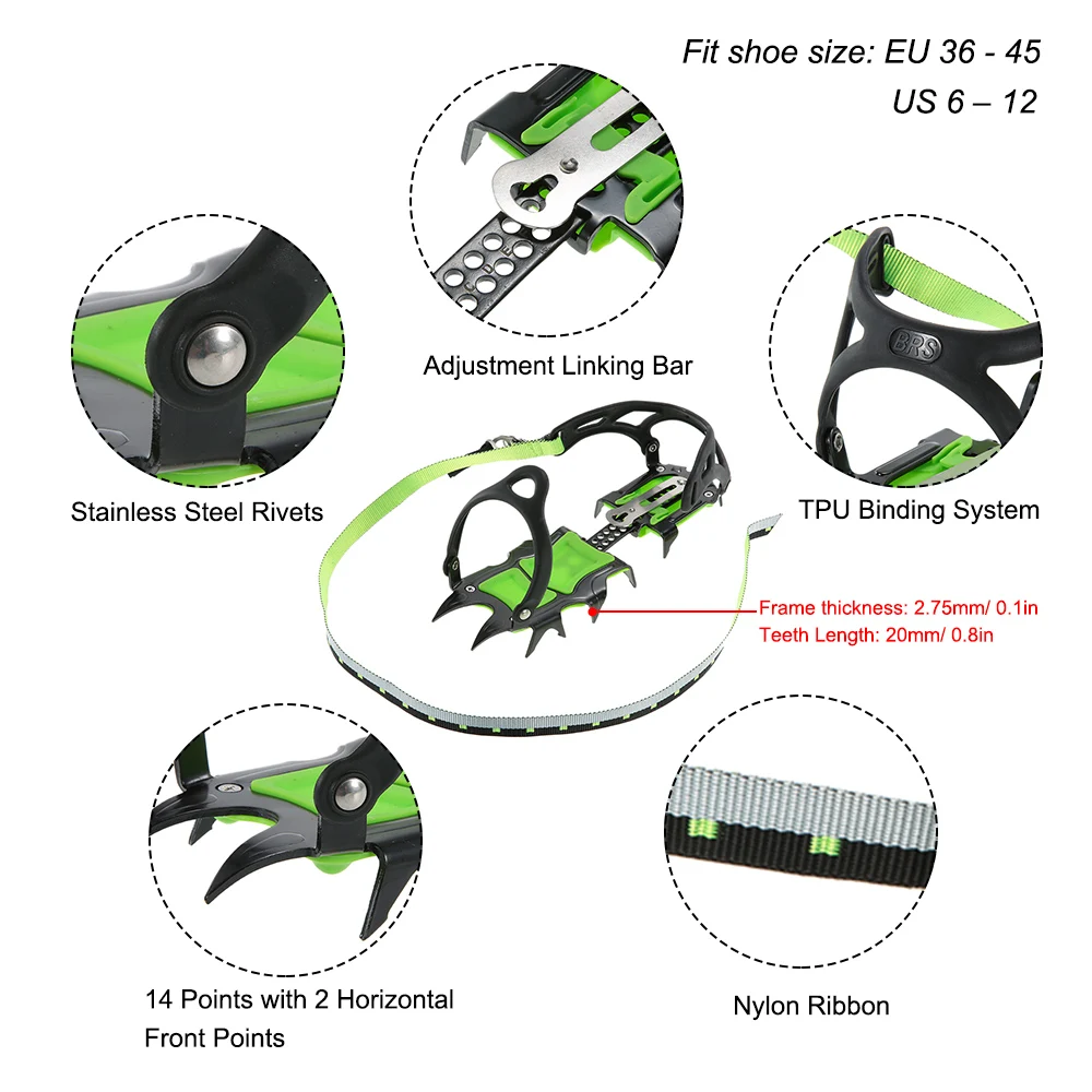 BRS профессиональные четырнадцать зубов шипы для льда зимние сапоги бахилы захват марганцевые стальные шипы против скольжения Crampon